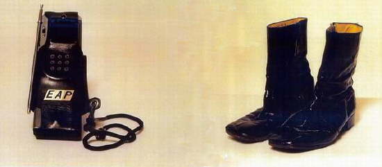 Bell & Howell portable walkie-talkie and a pair of black patent boots - Elvis' stage boots